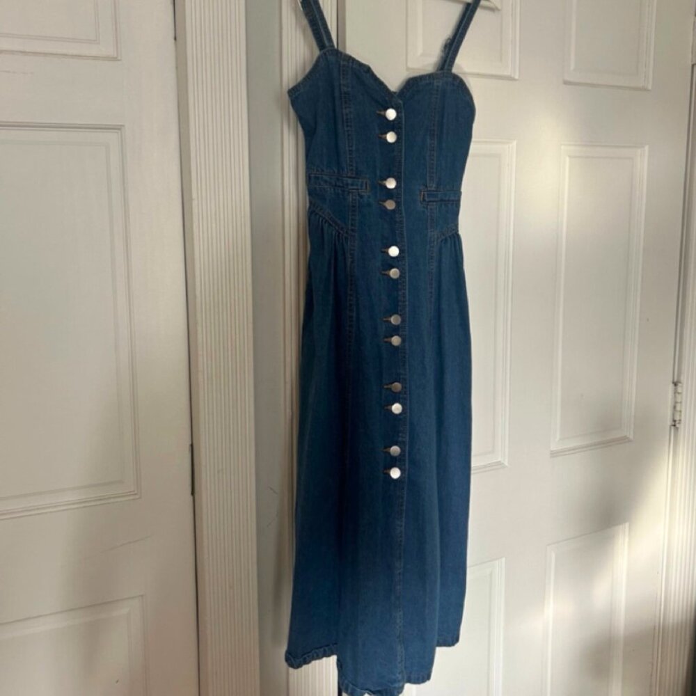 Dark Wash Denim Copper Button Middle Dress Pockets Size XS